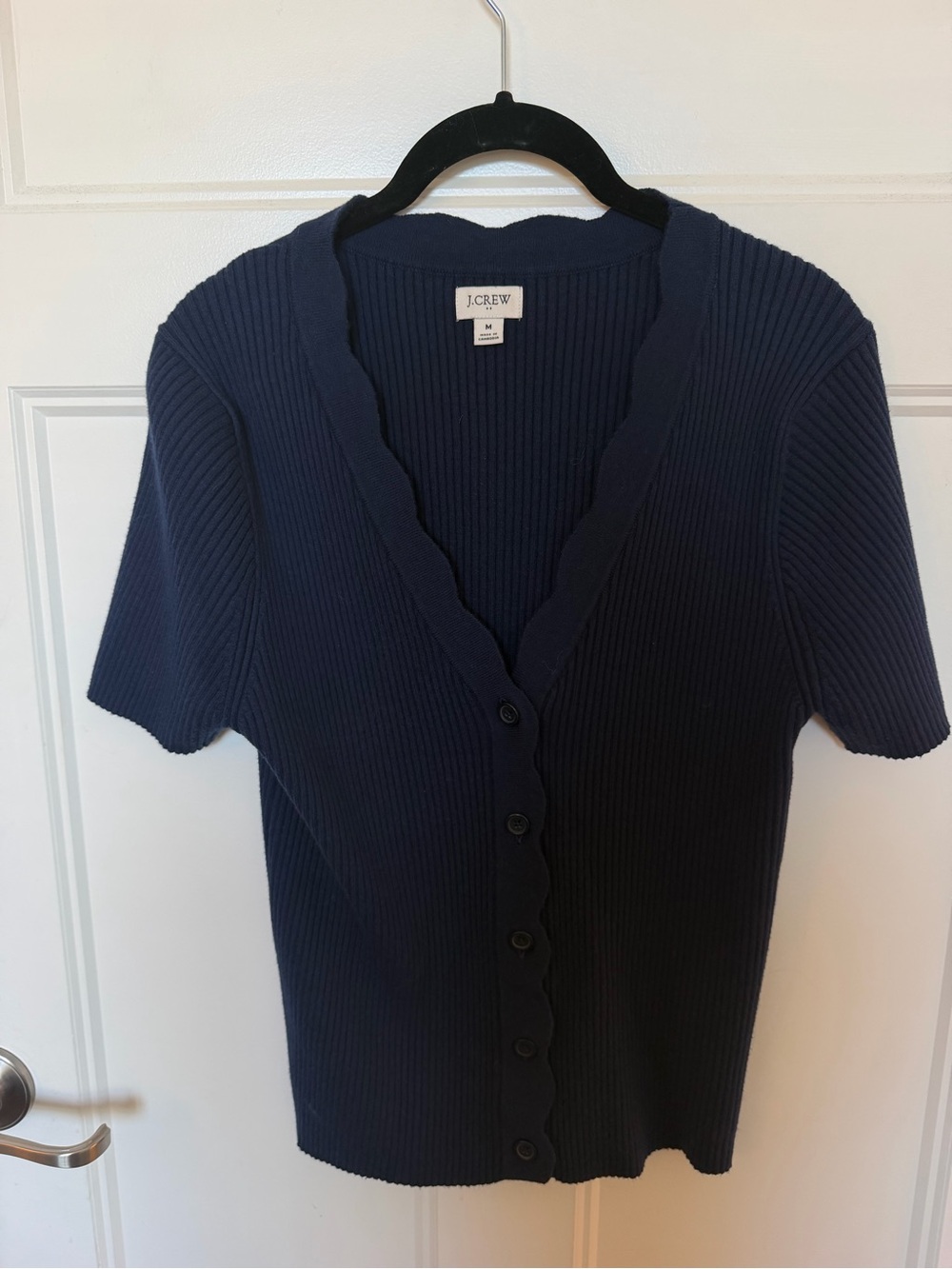 J. Crew Factory Navy Ribbed Short-Sleeve Scallop-Edge Cardigan